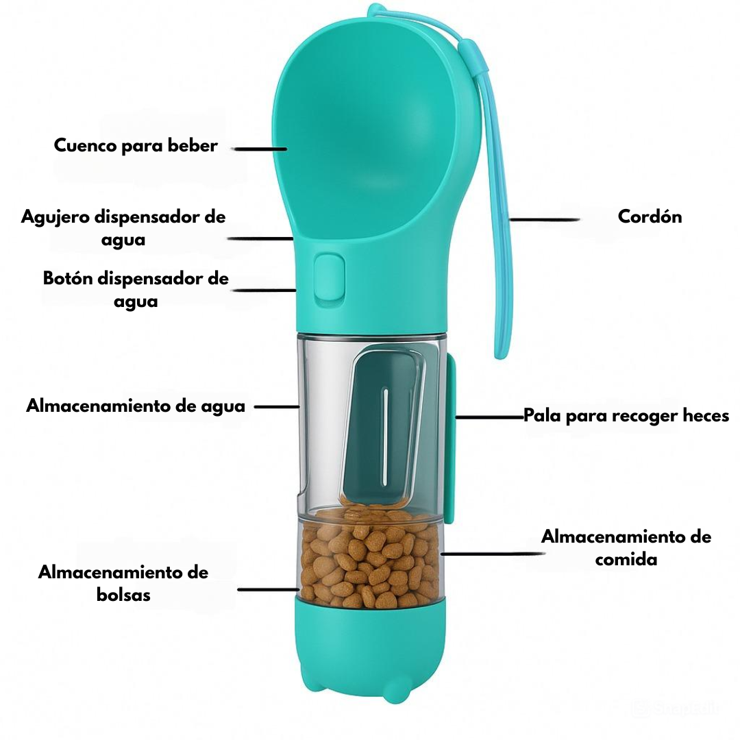 Botella de Agua Portátil para Perros y Dispensador de Comida 3 en 1