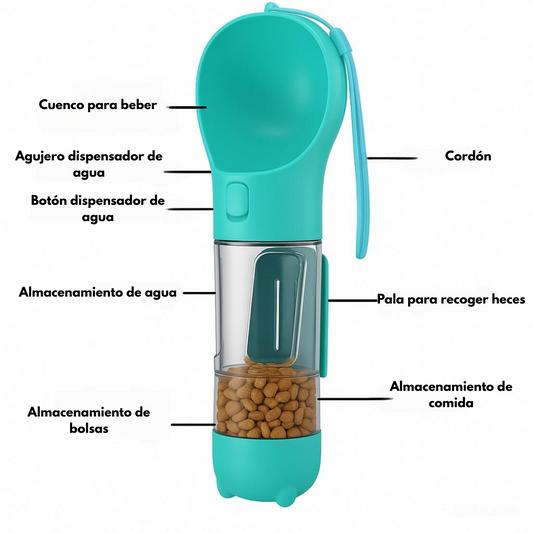 Botella de Agua Portátil para Perros y Dispensador de Comida 3 en 1